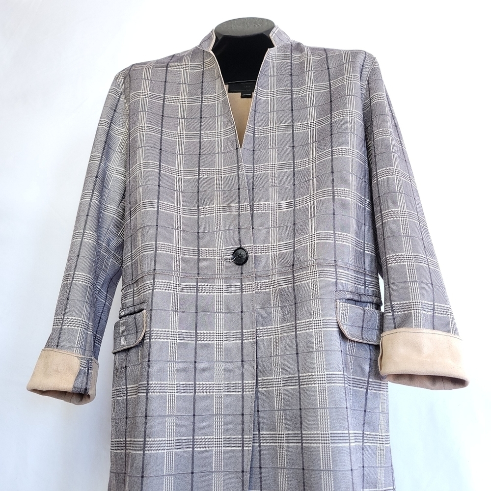 Blank NYC Plaid Vented Single Breasted Collarless Burberry Style SzMed Overcoat